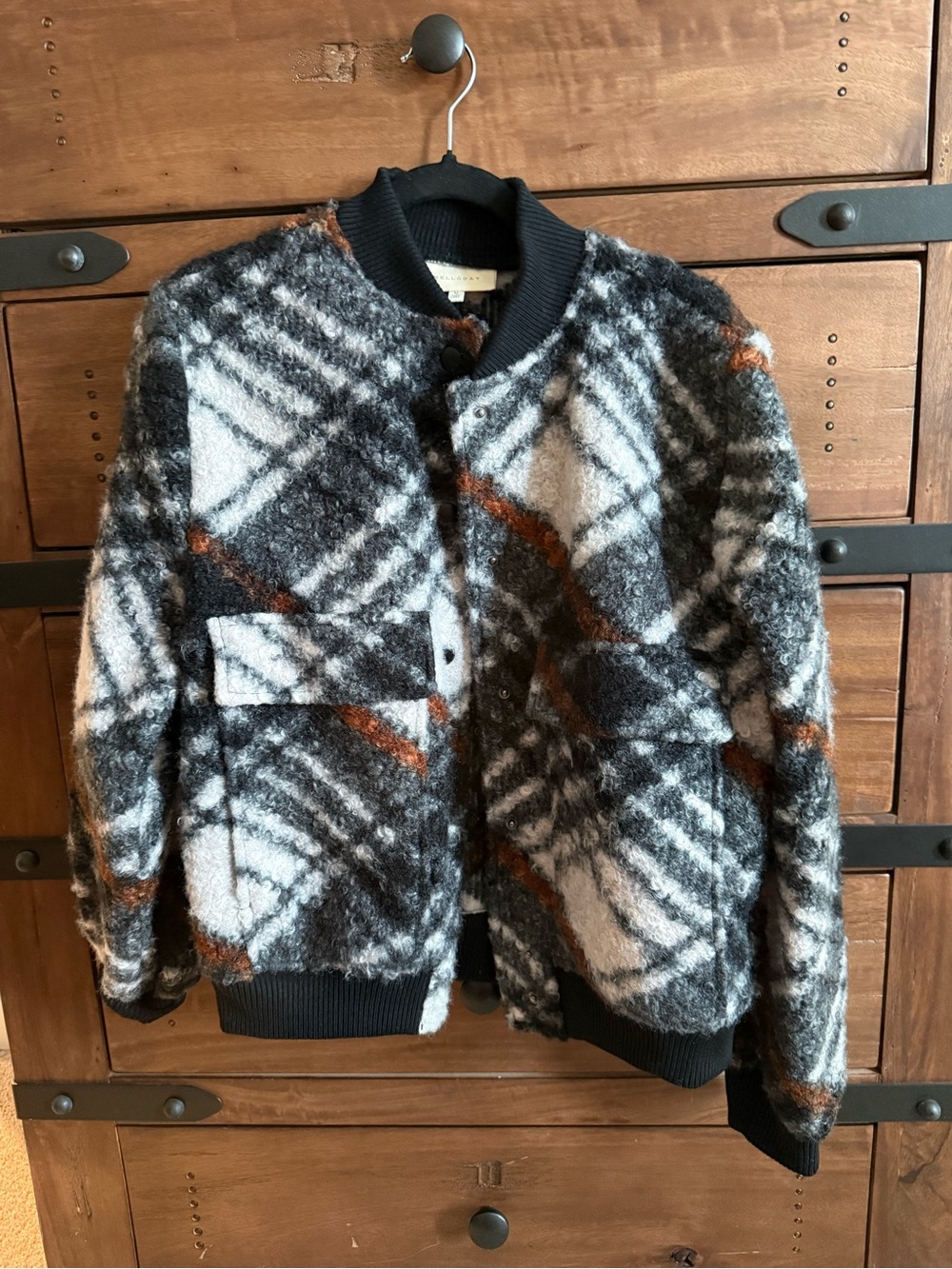 Women’s black and white Plaid Bomber Jacket with Rust Accents - M